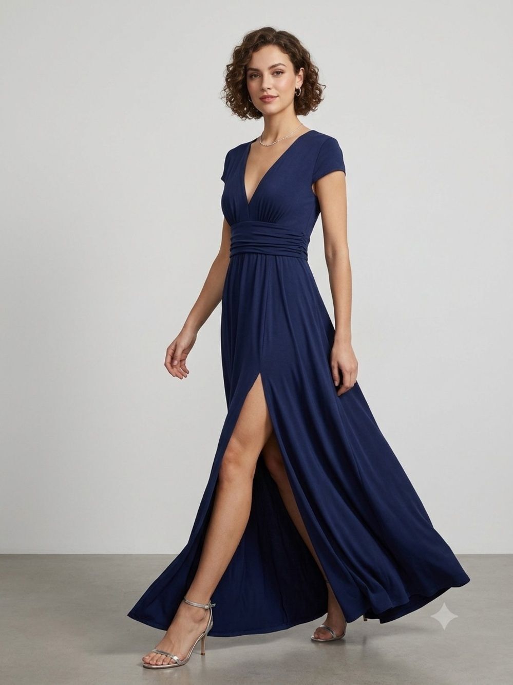 Anrabess Women's Navy Blue Maxi Dress Smocked Waist Short Sleeve SZ M NEW